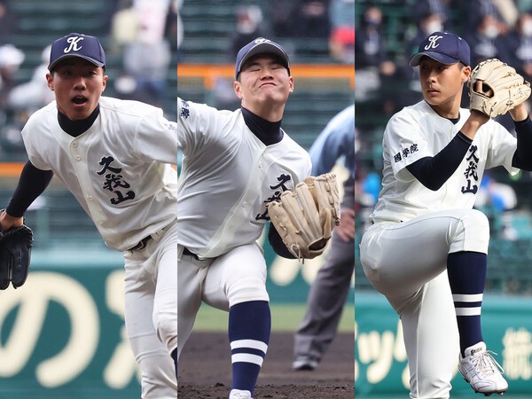 國學院久我山の３人の投手、（左から）松本、成田、渡辺