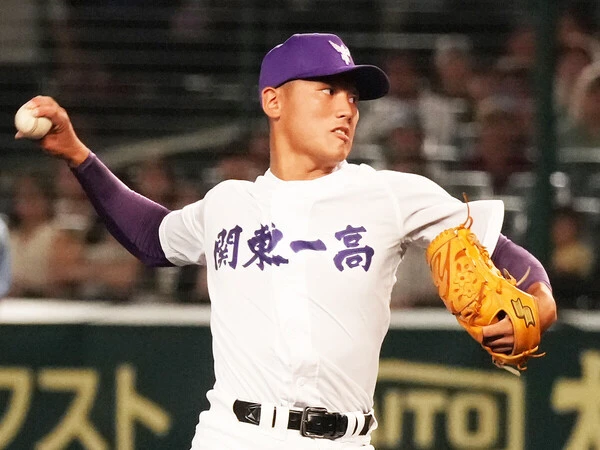 甲子園では１イニングだけの登板に終わったが、最速150キロの速球が魅力の関東一・高橋友朔　photo by Ryuki Matsuhashi