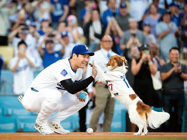 愛犬・デコピンの始球式に笑顔を見せる大谷翔平　photo by WALLY SKALIJ ／ロサンゼルス・タイムズ