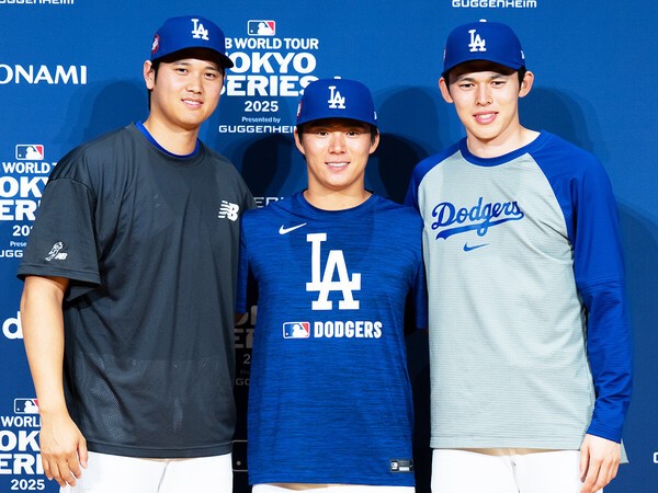 ドジャースの（写真左から）大谷翔平、山本由伸、佐々木朗希　photo by Getty Images