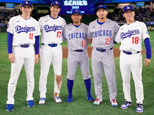 今回の公式戦でプレーした日本の５選手（左から佐々木、大谷、今永、鈴木、山本）photo by Getty Images
