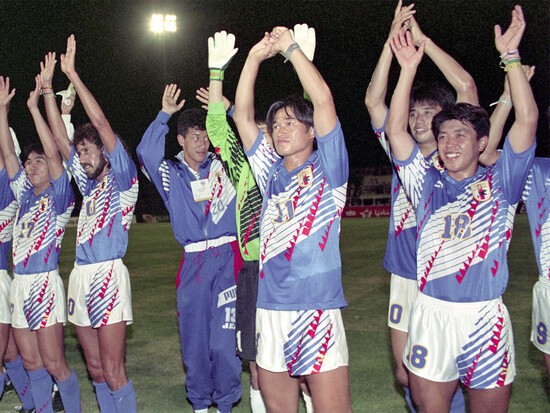 1994年Ｗ杯アジア１次予選を突破し、笑顔を見せる日本代表の面々