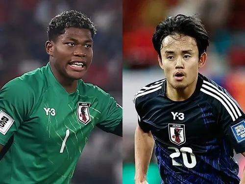 日本代表のワールドカップ本大会へ向け成長が期待される鈴木彩艶（左）と久保建英　photo by Getty Images