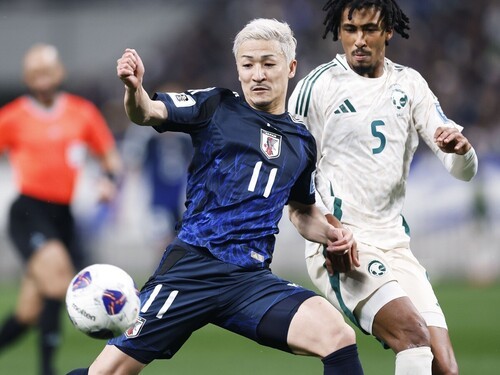 前田大然はサウジアラビア戦で３つのチャンスを逃し痛恨。しかし、日本の攻撃は早くから行き詰まっていた　photo by Nakashima Daisuke