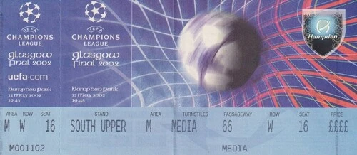 2002年５月15日、ハムデン・パークでのチャンピオンズリーグ決勝のチケット（画像は後藤氏提供）