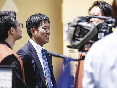 テレビ解説のためワールドカップ決勝の会場を訪れた森保一監督 photo by JMPA