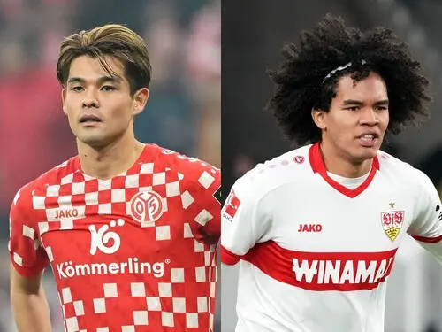 マインツの佐野海舟（左）とシュツットガルトのチェイス・アンリ（右）　photo by Getty Images