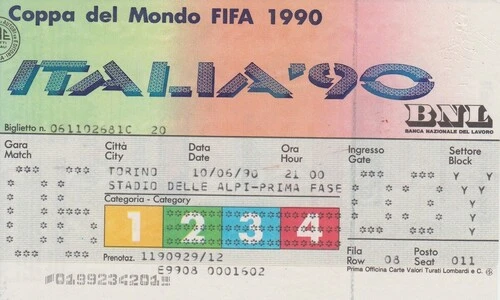 1990年イタリアＷ杯。抱き合わせで購入したスタディオ・デッレ・アルピでのブラジル対スウェーデンの入場券（画像は後藤氏提供）