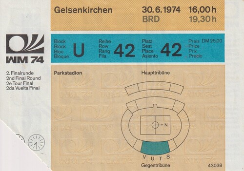 1974年西ドイツＷ杯、オランダ対東ドイツ戦の入場券（画像は後藤氏提供）
