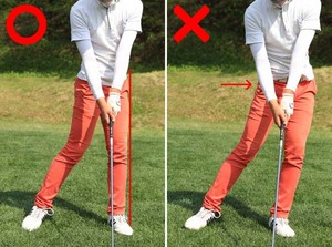 写真⑨／ダウンスイングからインパクト、フォロースルーにかけては、腰が左に流れてしまわないように注意。