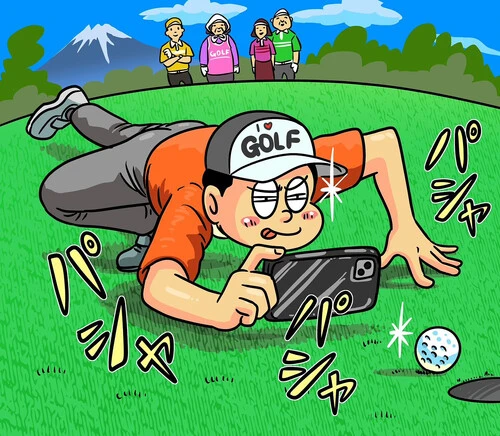 グリーン上で芝を読みながらの写真撮影というのはどうかと思いますが、皆さんもプレー以外の楽しみを見つけてみては？illustration by Hattori Motonobu