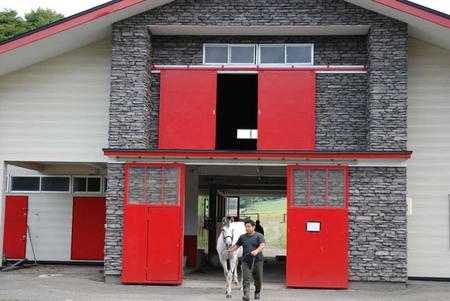 日本の牧場ではあまり見かけない、お洒落な色合いで統一されているパカパカファームの厩舎。
