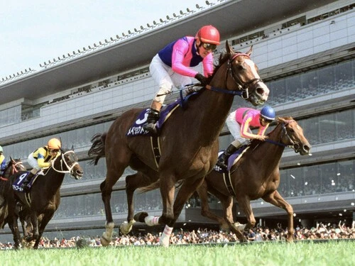 2001年の宝塚記念は、メイショウドトウ（赤帽）が宿敵テイエムオペラオ―（青帽）を退けて初の戴冠を遂げた　photo by Kyodo News