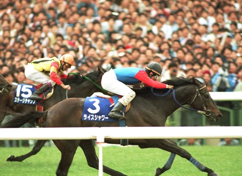 1995年の天皇賞・春、ステージチャンプの猛追を振り切って戴冠を遂げたライスシャワー　photo by Sankei Visual