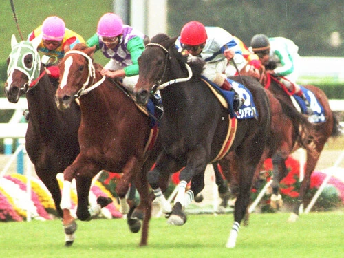 1994年のエリザベス女王杯を制したヒシアマゾン（赤帽）　photo by Sankei Visual