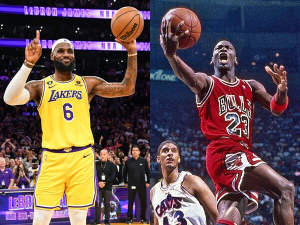 NBAの歴代最多得点記録を更新したレブロン（左）。ジョーダン（右）と比較されることは多くなるだろう