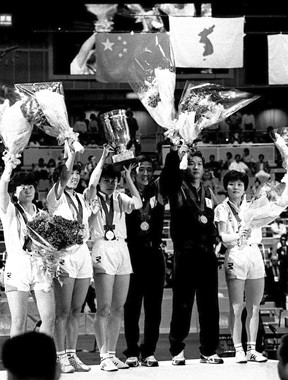1991年の世界卓球選手権の団体戦で優勝した統一チーム「コリア」photo by Kyodo News
