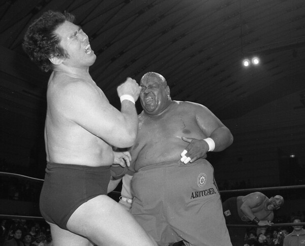 1987年の世界最強タッグ決定リーグ・大阪府立体育会館大会のメインで闘う天龍源一郎（左）とブッチャー