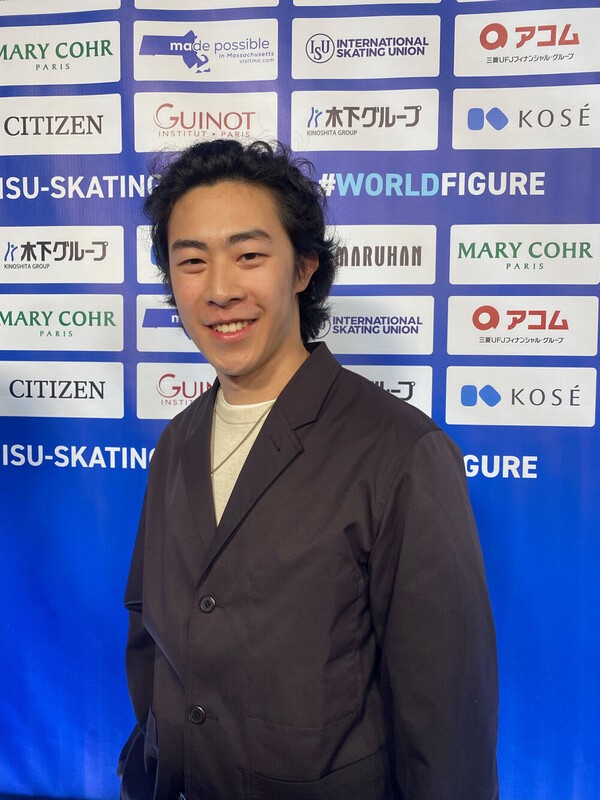 ３月下旬にボストンで開催された世界選手権で取材に応じたネイサン・チェン photo by Noguchi Yoshie