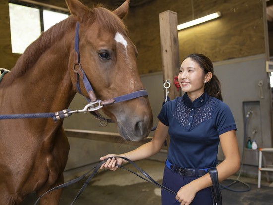 厩舎で馬の世話をする神村。「馬と触れ合っていると純粋に癒されます」