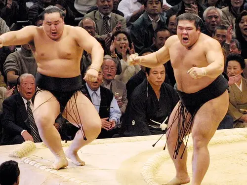 2003年11月場所では朝青龍（左）を破り２度目の優勝を決め、雄叫びを上げた　photo by Jiji Press