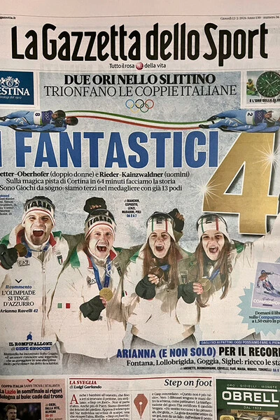 イタリア人選手のリュージュでの金メダル獲得を大きく報じる現地のスポーツ新聞 photo by Yoshiyuki Komiya