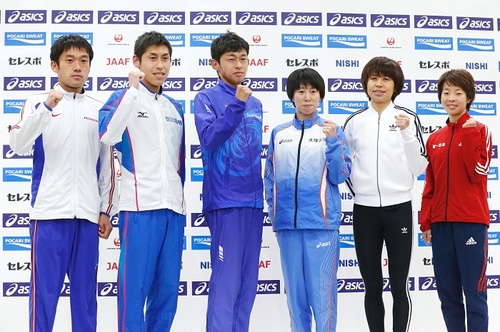 リオ五輪代表に決まった、（左から）石川末廣、北島寿典、佐々木悟、伊藤舞、福士加代子、田中智美の６名