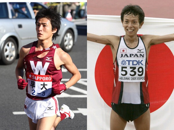 現在、地方大学で指導する元早大の竹澤健介（左）と五輪のマラソンで活躍した尾方剛