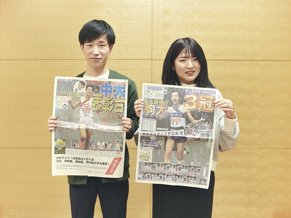 箱根駅伝を展望した中スポの遠藤潤さん（左）とコマスポの大塩希美さん