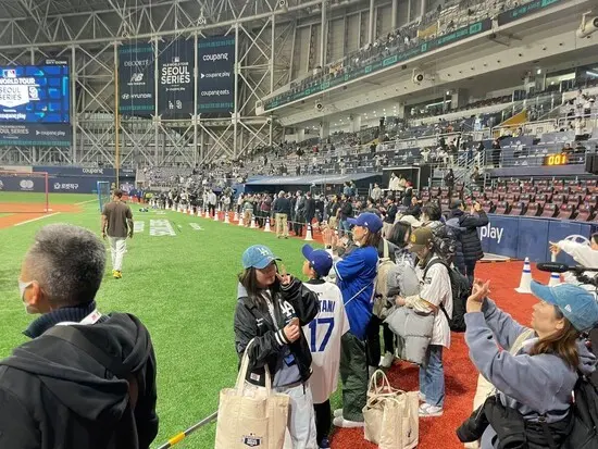 フィールドに降りてバッティング練習を間近で見た参加者たち　写真提供：JTB