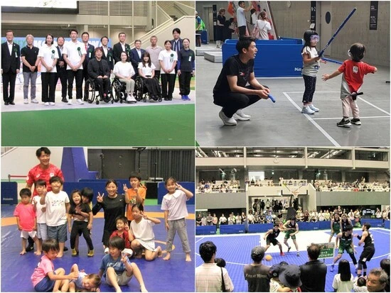 （左上から時計回り）イベント式典の模様、見延によるフェンシング体験、３×３エキシビジョンマッチ、須﨑によるレスリング体験