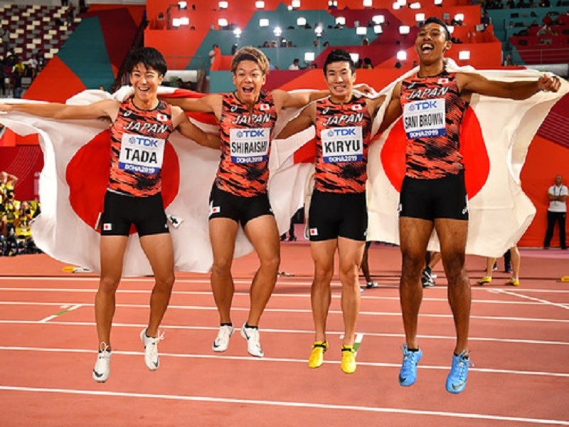 2019年の世界陸上で銅を獲得した、（左から）多田修平、白石黄良々、桐生祥秀、サニブラウン・ハキーム記事を読む＞東京五輪で金メダルを。日本男子４×100ｍリレーに世界基準の強みあり