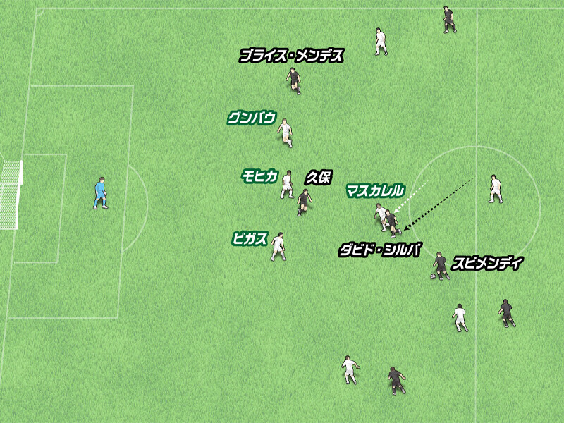 久保が下りてできた前線のスペースにスルーパスを通し、ブライス・メンデスがゴール久保建英とダビド・シルバ。レアル・ソシエダで早くも輝いている見事なコンビネーション＞＞　　illustration by Nishimura Tomoki