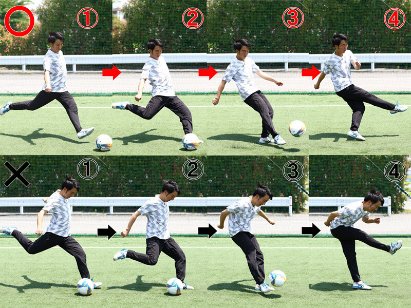 股関節の軸がボールの後ろにあるとキックが浮きやすい（上）。軸がボールの真上にあると窮屈な体勢になる（下）日本人のインサイドキックはなぜ弱いのか？ 東大卒のパーソナルコーチが力学的視点からお悩みを解決＞＞　　photo by Matsuoka Kenzaburo